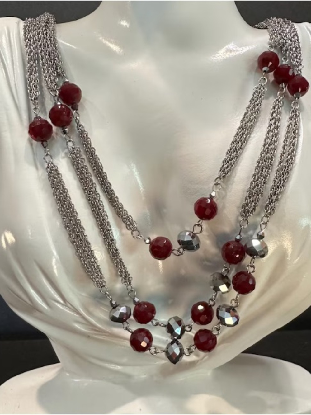 White House Black Market Multi layered Sparkling Red Crystal & Hematite necklace